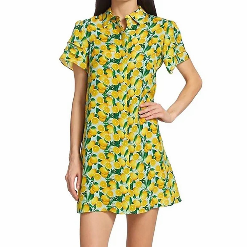 Alice + Olivia Jem Mini Shirt Dress Lemon Squeeze Print Floral Fruit Blue S